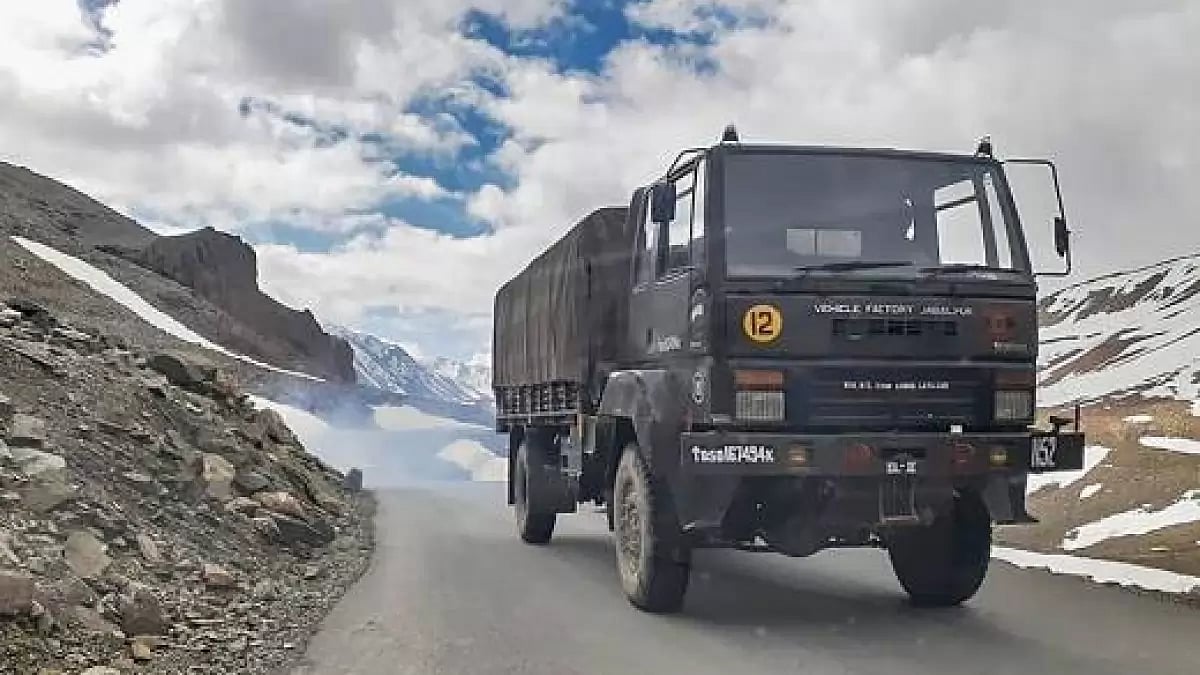 An Indian army vehicle moves towards Ladakh, amid India-China border dispute in eastern Ladakh, at B