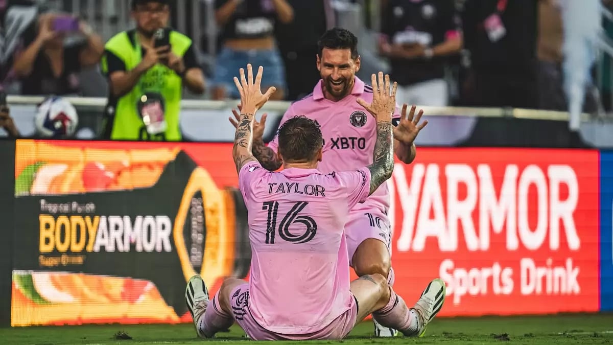 Lionel Messi celebrates with his Inter Miami teammate.