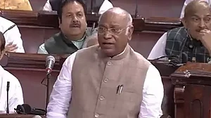 Congress president Mallikarjun Kharge at Rajya Sabha today.