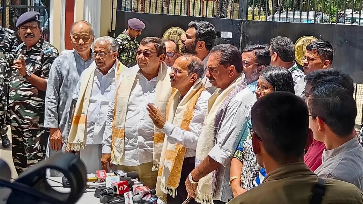 Opposition MPs address the media after meeting Manipur Governor Anusuiya Uikey in Imphal, July 30, 2