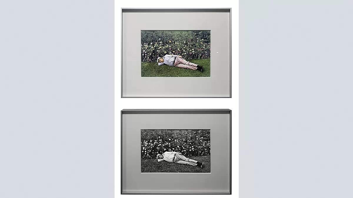 In Transition: Jyoti Bhatt’s photograph of Bhupen Khakhar at the Sayaji Baug Garden in 1983. The original black and white picture was recently digitally altered by Bhatt to create the colour version. Museum of Art and Photography collection. In Transition: Jyoti Bhatt’s photograph of Bhupen Khakhar at the Sayaji Baug Garden in 1983. The ori