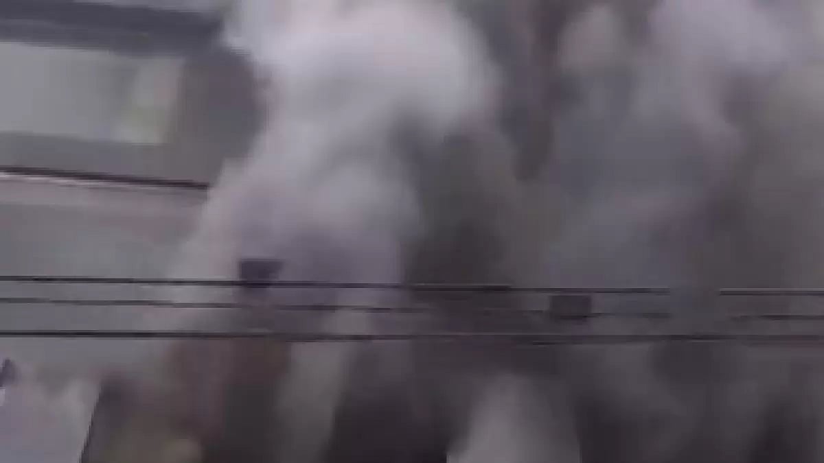 Smoke coming out from the second floor of the shopping mall in Hyderabad's Habsiguda today