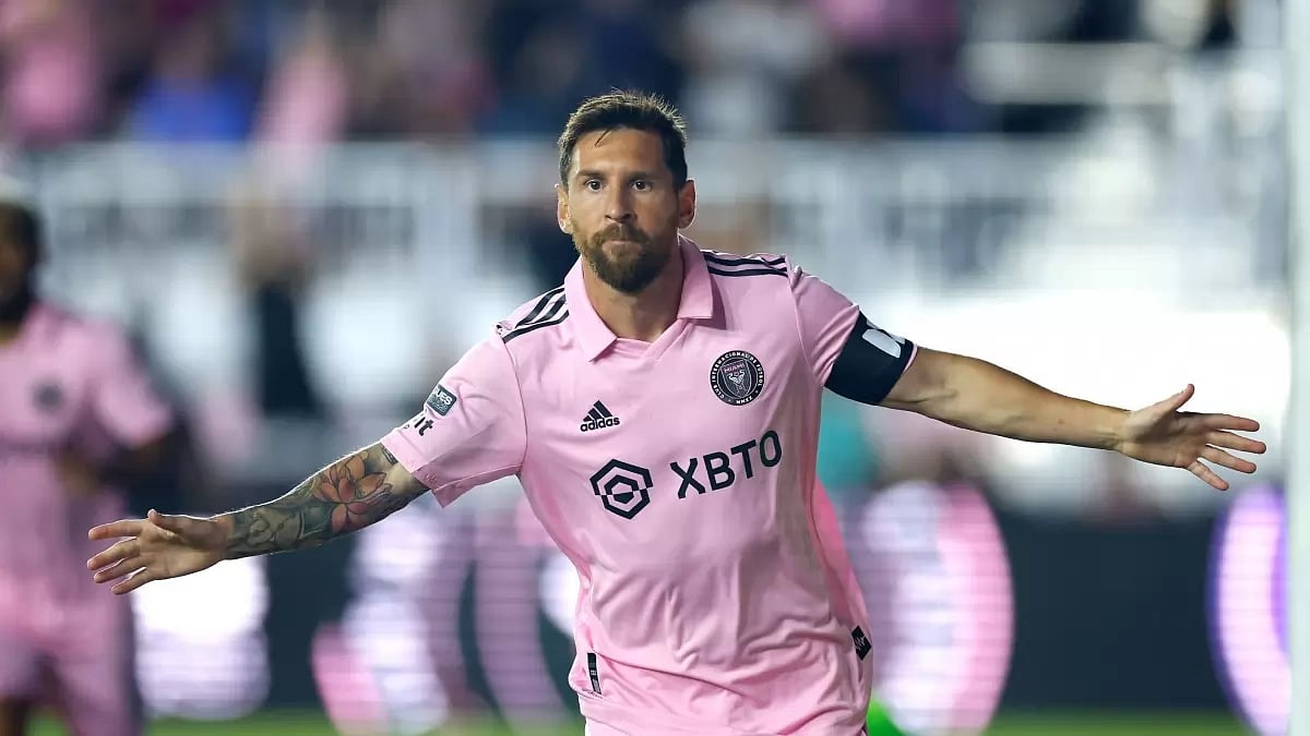 Lionel Messi celebrates after scoring against Orlando City