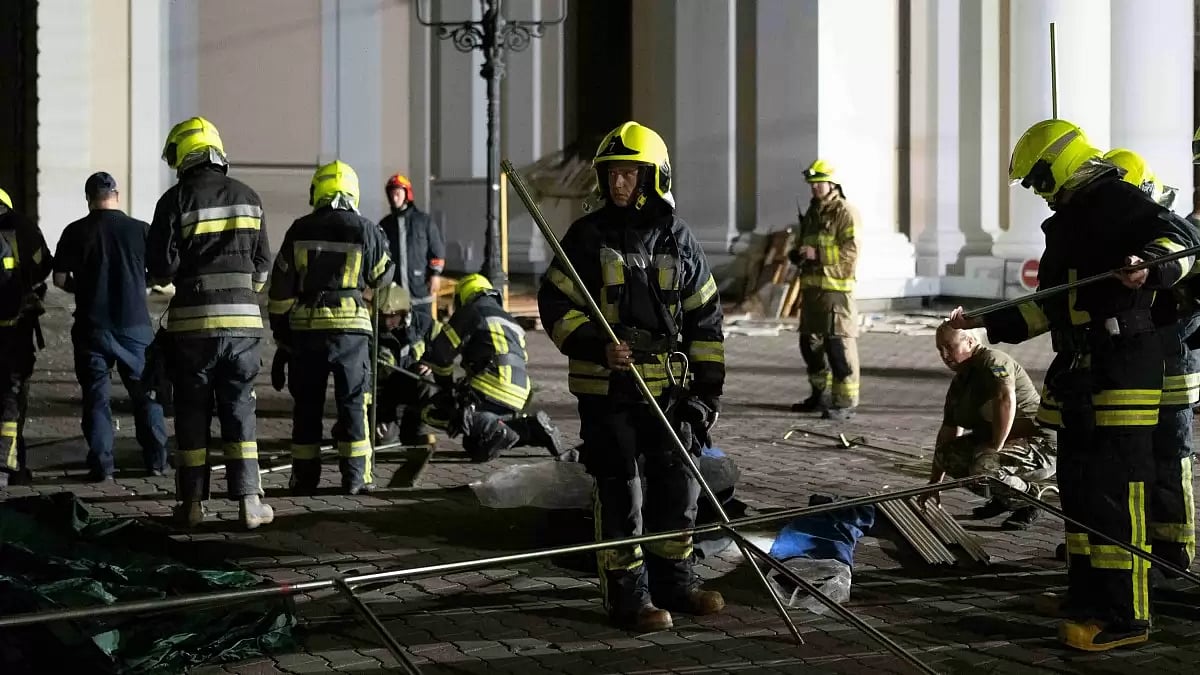 Emergency workers inside the church after Russian missile attack