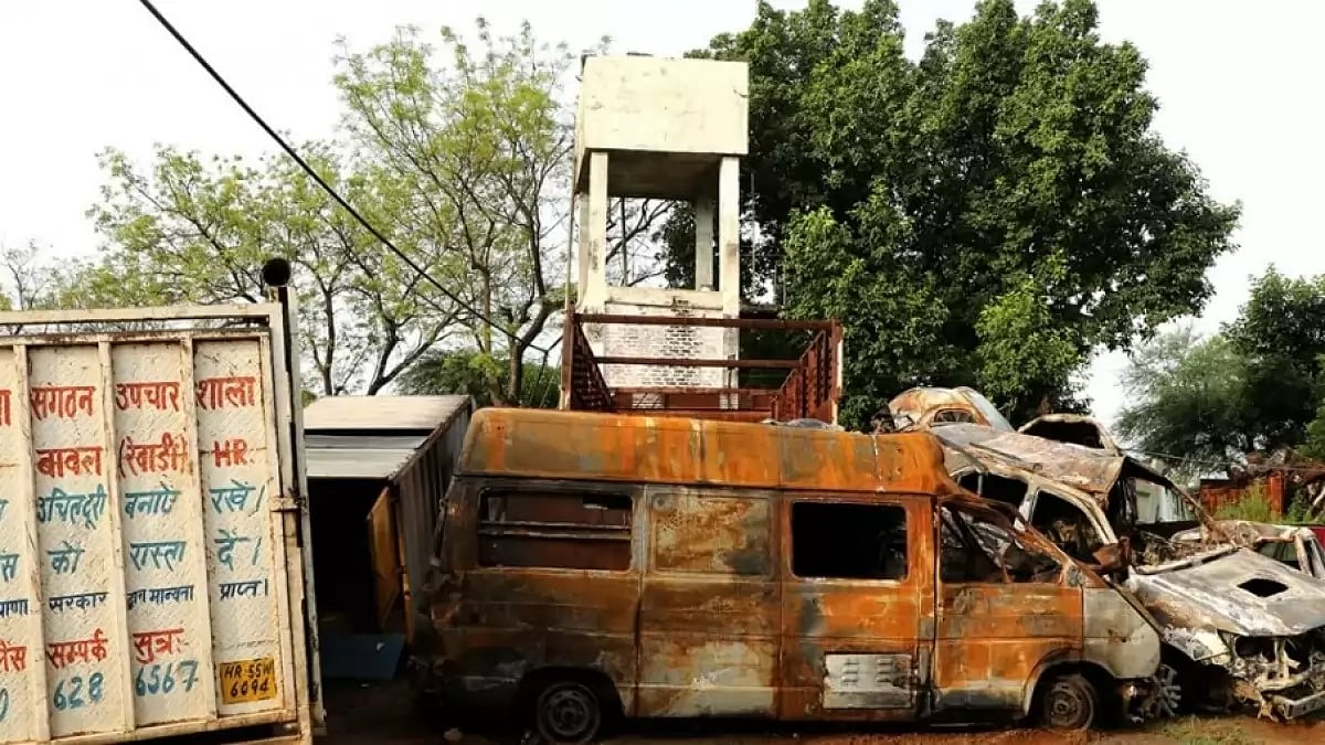 Remains of the cow vigilante vehicles which were part of the Brij Mandal procession.