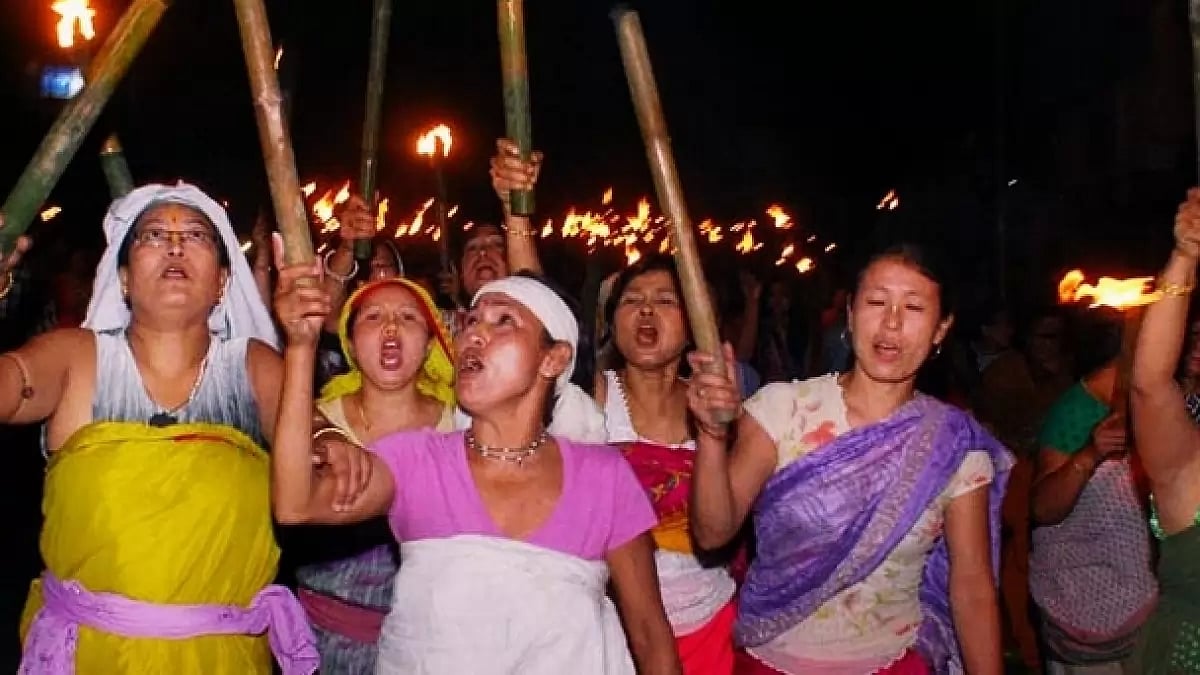 Women activists' group Meira Paibi protesting against Assam Rifles in Manipur