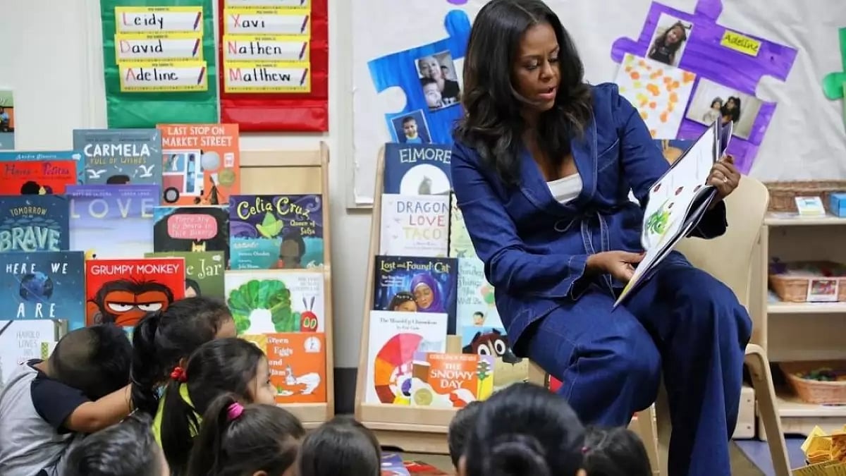 Michelle Obama reading from a children's book