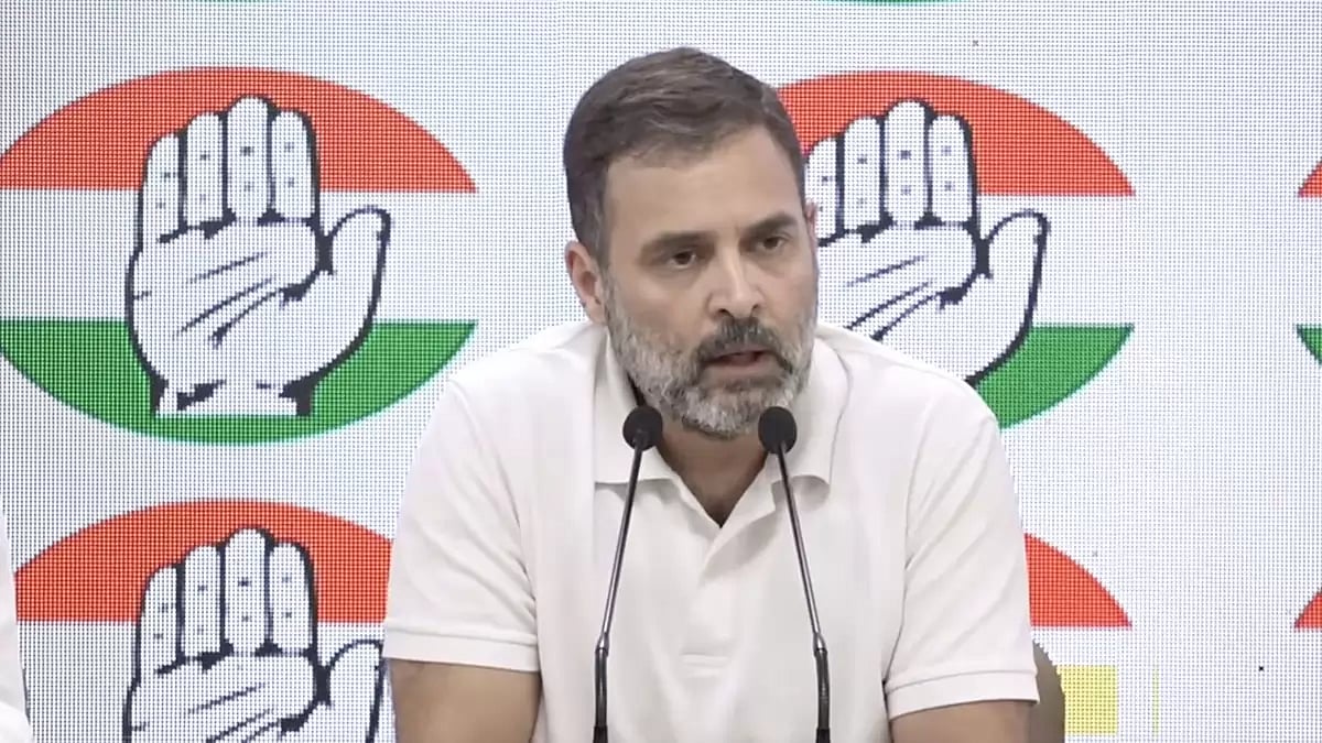 Congress leader Rahul Gandhi at a press conference in Delhi.