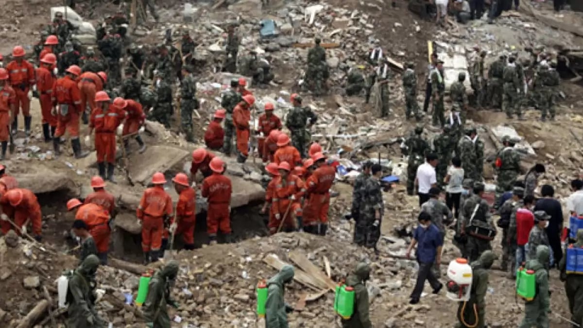 Emergency workers in action in China after mudslide