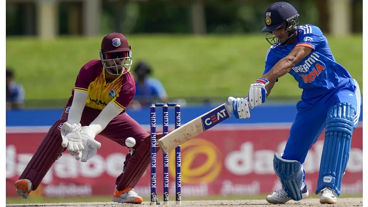India's Shubman Gill plays a shot against West Indies.