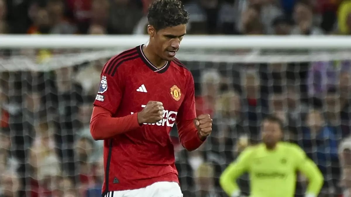 United's Raphael Varane celebrates after scoring against Wolves in the EPL.