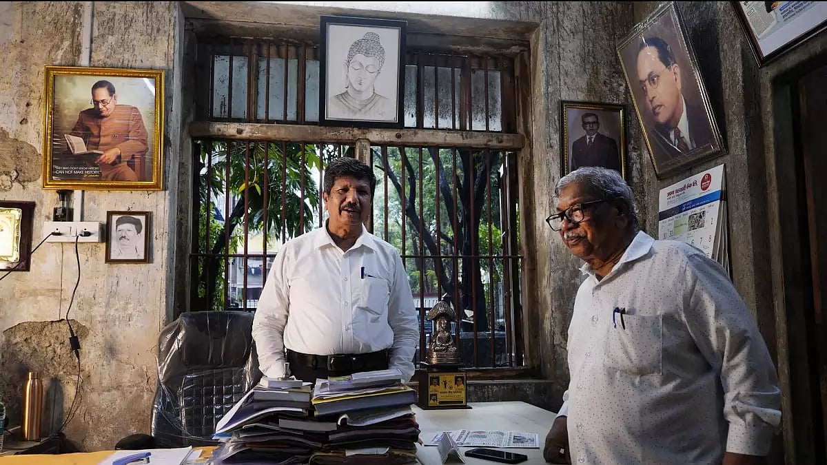 J.V. Pawar with BR Ambedkar's grandson at Ambedkar Bhavan, Mumbai