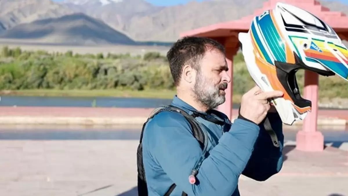 Congress leader Rahul Gandhi takes a bike ride in Ladakh
