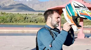Congress leader Rahul Gandhi takes a bike ride in Ladakh