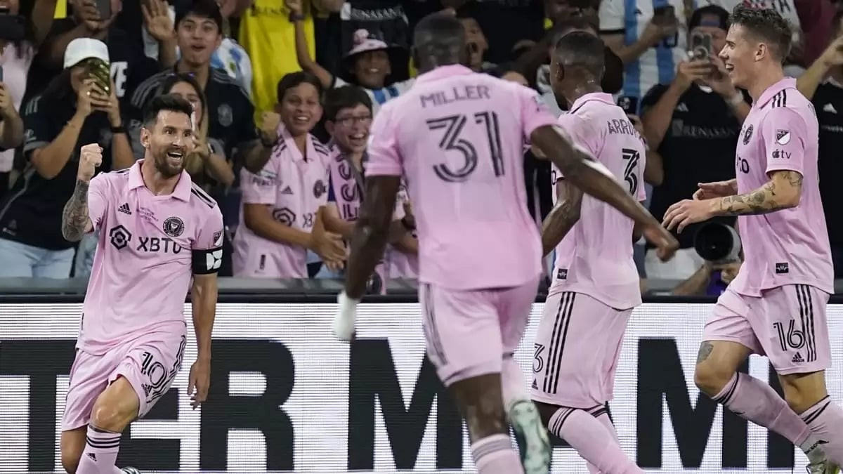 Lionel Messi (far left) celebrates with his Inter Miami teammates in the Leagues Cup final.