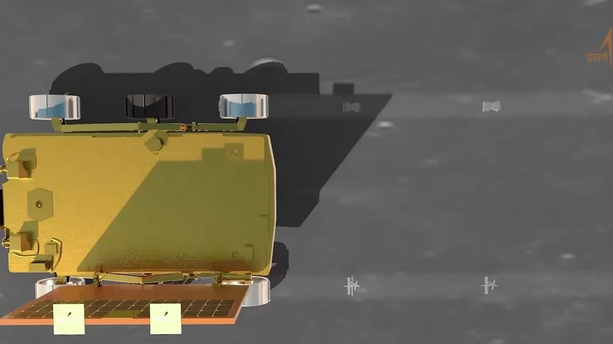 The back wheels of the rover have logos of ISRO and Ashokas Lion Emblem