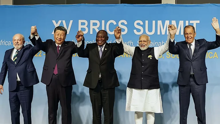 Leaders of the BRICS countries pose for a group photo during the 2023 BRICS Summit at Johannesburg, South Africa. - null