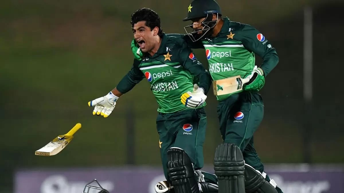 Naseem Shah (left) held his nerves as Pakistan won a close encounter against Afghainstan.