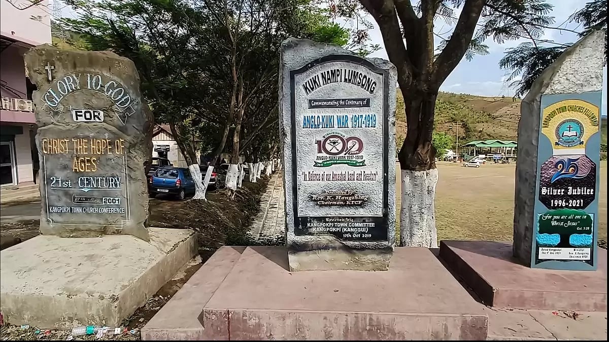 Memorials marking the Anglo-Kuki war 1917-1919 and its martyrs in Churachandpur, Manipur in May 2023