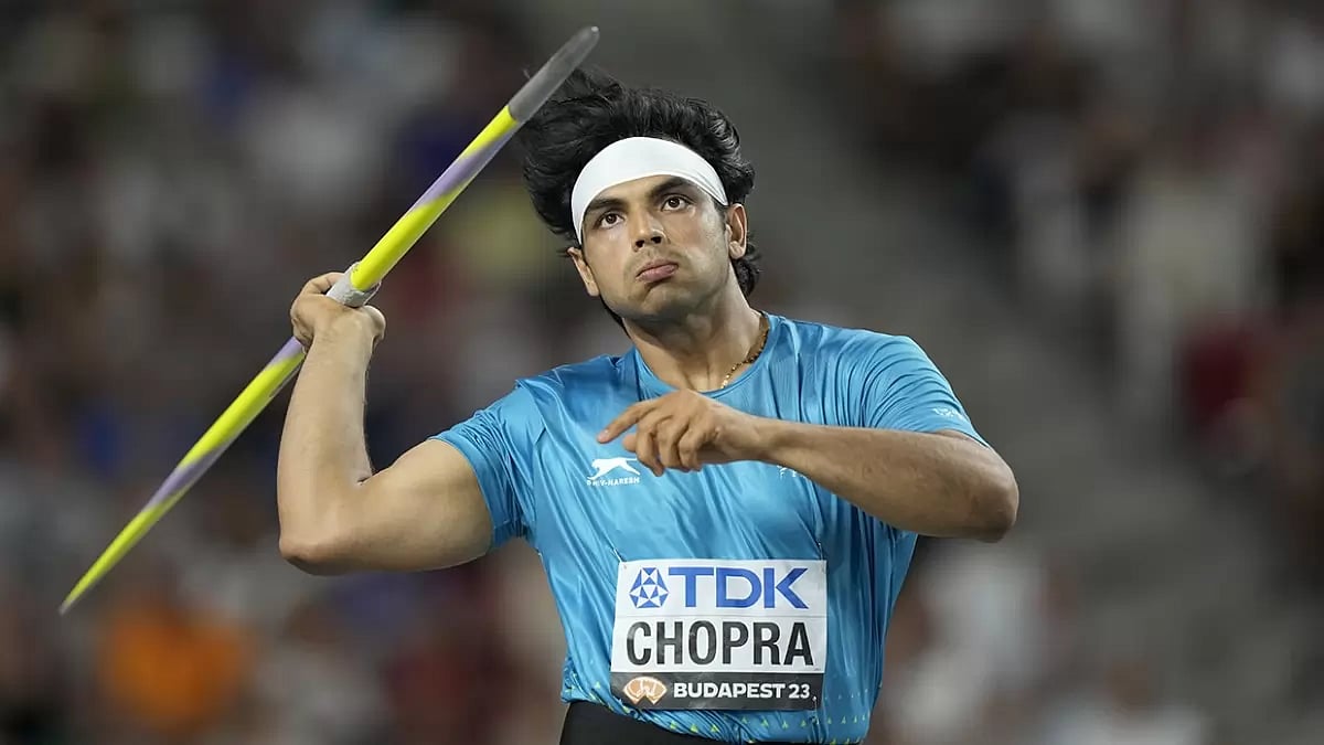 Neeraj Chopra, of India, makes an attempt in the Men's javelin throw final