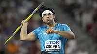 Neeraj Chopra, of India, makes an attempt in the Men's javelin throw final