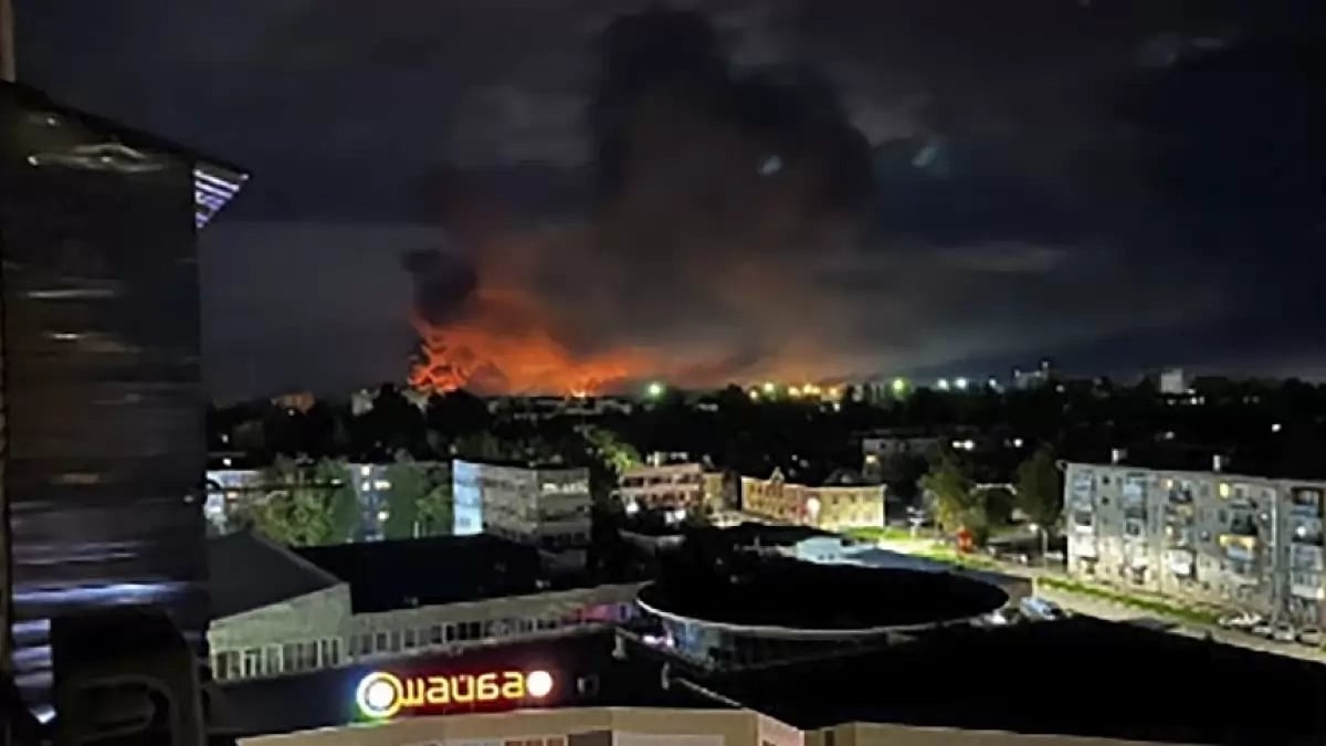 Smoke billowing over the city and a large blaze in Pskov, Russia, on Aug. 29, 2023.