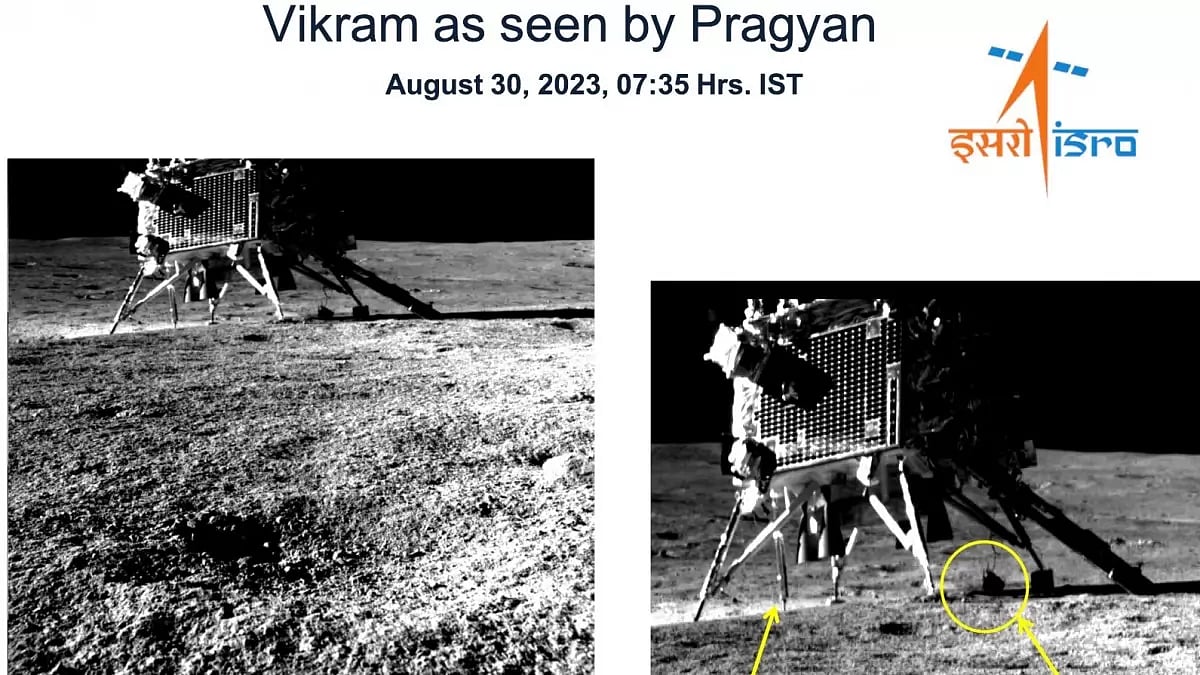 Pragyan rover of Chandrayaan-3 mission shares first photo of Vikram lander on the moon. 