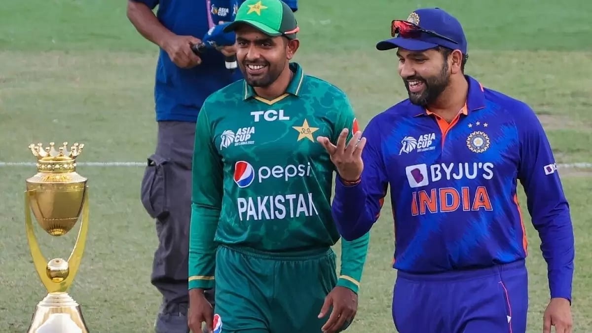 Then Pakistan captain Babar Azam (left) with India skipper Rohit Sharma during the Asia Cup in September 2023. - File