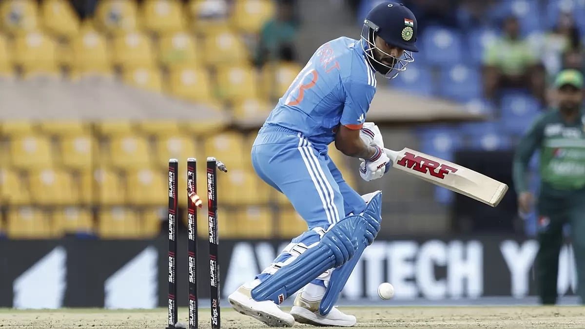 India's Virat Kohli is bowled out by Pakistan's Shaheen Shah Afridi.