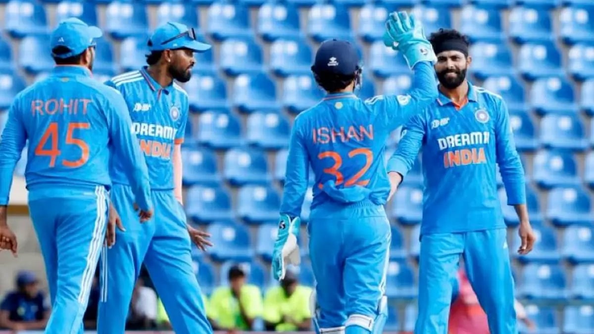 Indian team celebrate a wicket during their Asia Cup 2023 encounter against Nepal
