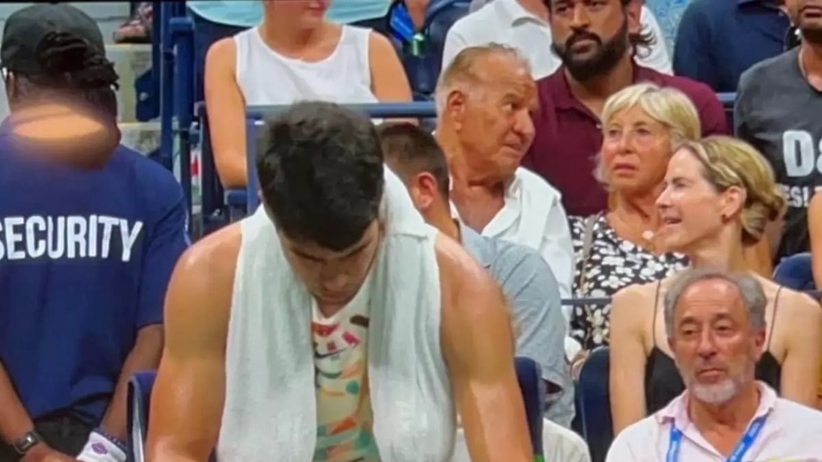 MS Dhoni (seen in far right corner) was in attendance for the quarter-final match