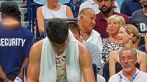 MS Dhoni (seen in far right corner) was in attendance for the quarter-final match