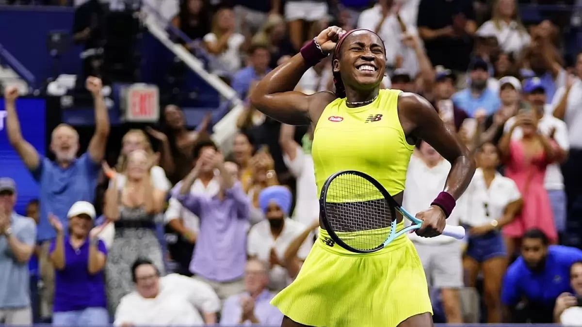 Coco Gauff celebrates after reaching her maiden US Open final