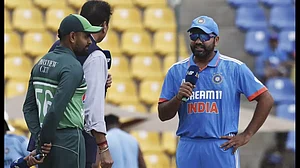 Rohit Sharma (R) and Babar Azam at the toss in Sri Lanka