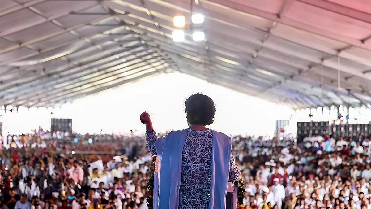 AICC General Secretary Priyanka Gandhi Vadra addresses a public rally in Tonk district, Rajasthan.