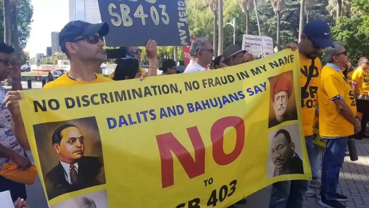 Members of Hindu American Foundation protesting against proposed anti-caste discrimination bill
