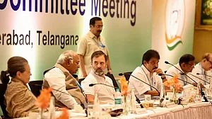 Congress President Mallikarjun Kharge and party leaders Sonia Gandhi and Rahul Gandhi at Congress Working Committee (CWC) meeting at Hyderabad.