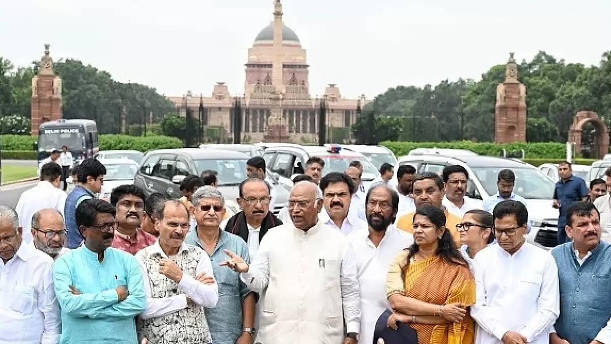 Mallikarjun Kharge, President of Indian National Congress, along with other MPs of INDIA alliance