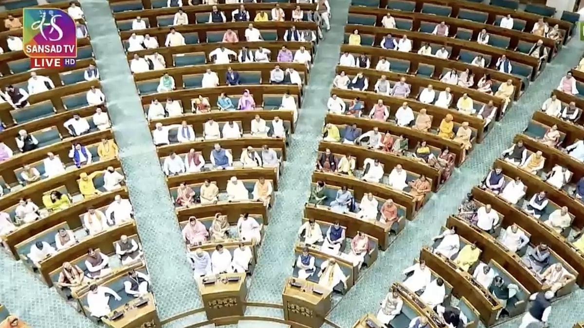 Proceedings of the Lok Sabha begin in the New Parliament building.