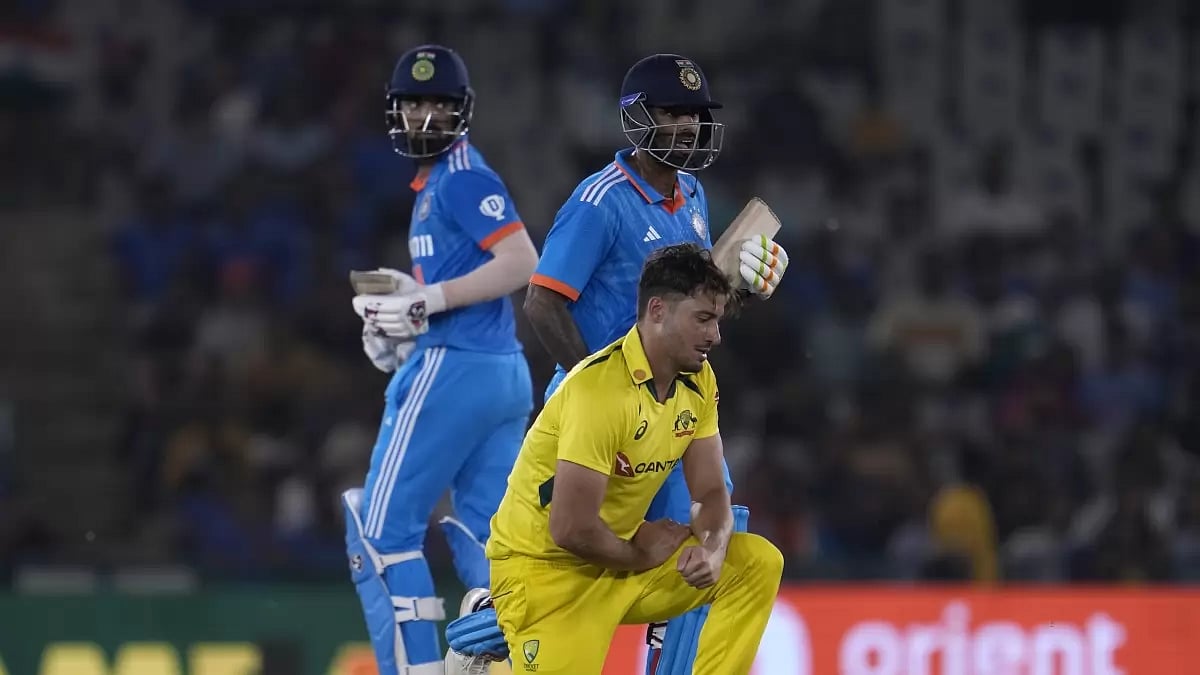 Suryakumar Yadav (centre) and KL Rahul (left) in action during the first ODI against Australia.