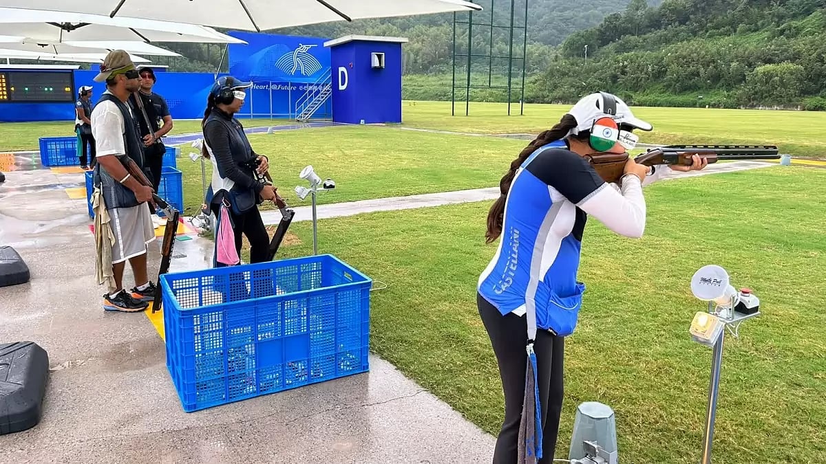 The Indian trap team at a practice session in Hangzhou on Friday.