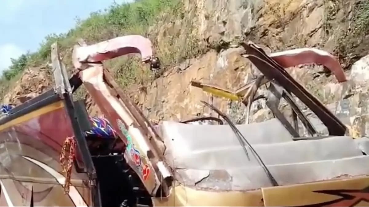 Near Ambaji Temple in Gujarat, a luxury bus carrying 46 pilgrims veered off course on a hilly slope, colliding with a roadside rock and causing injuries to all passengers.