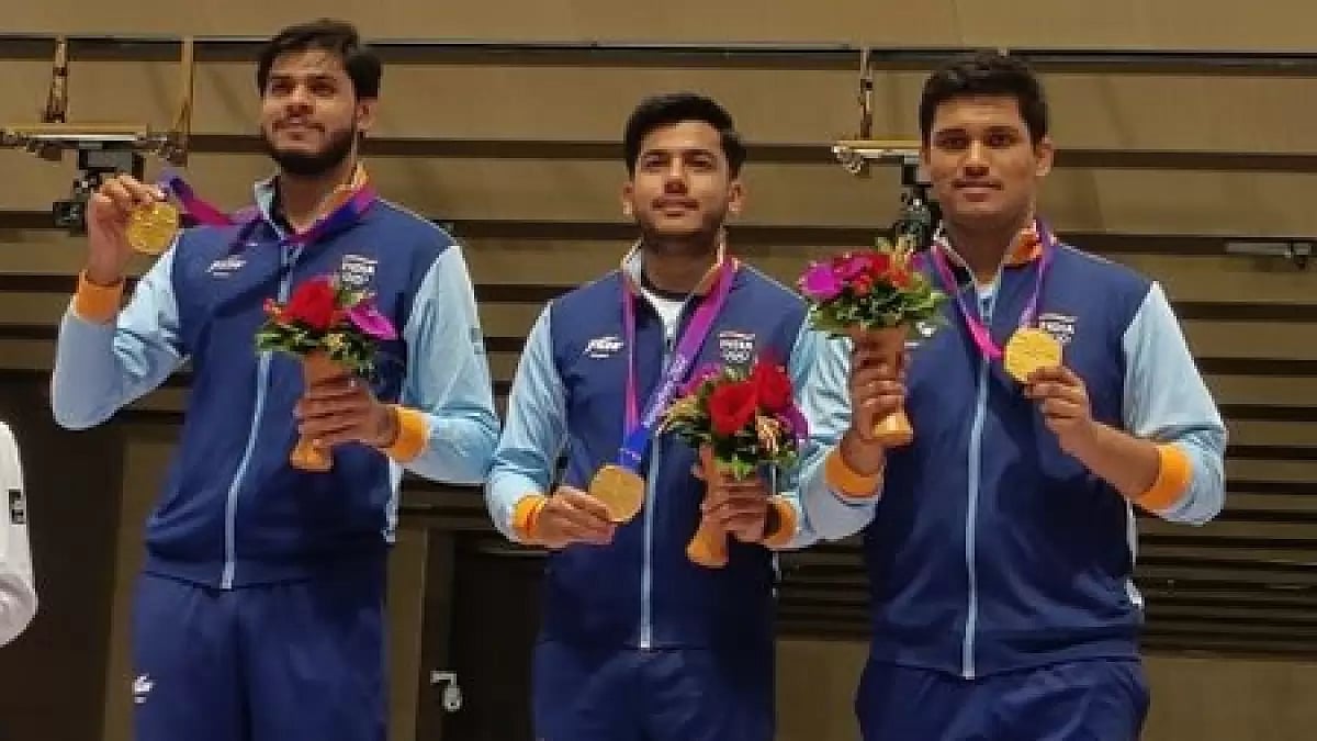 India's gold medal-winning shooting trio in Hangzhou on Monday.