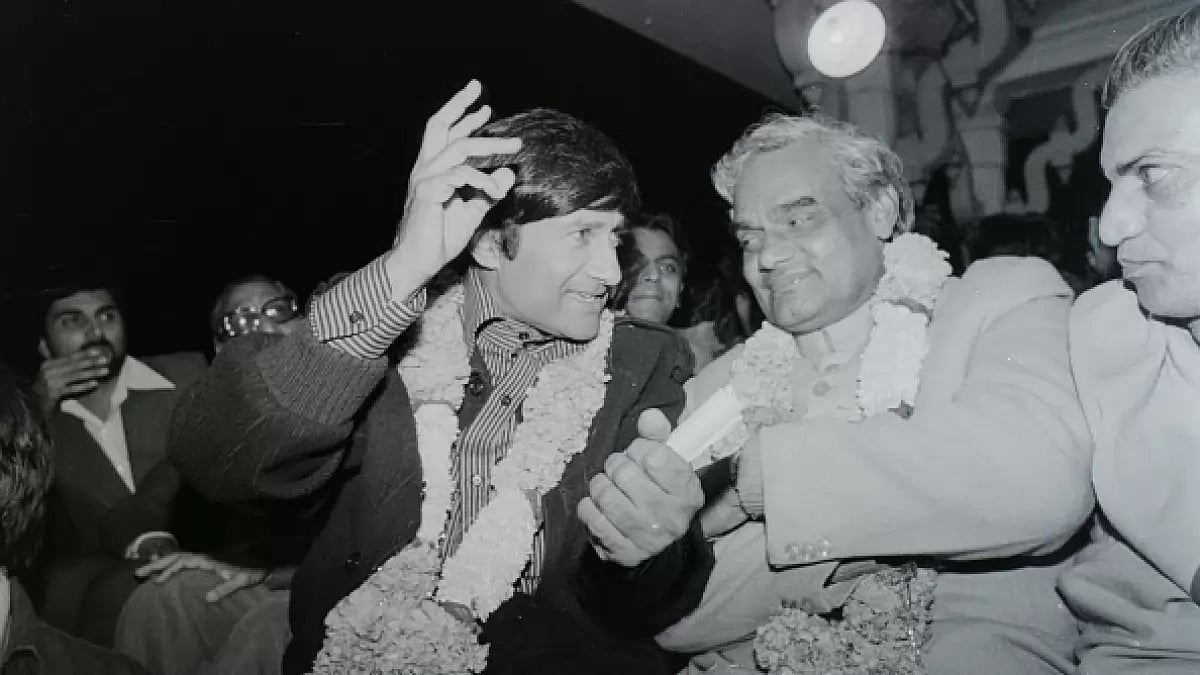 Jan Sangh Leader Atal Behari Vajpayee with Bollywood Superstar Dev Anand during a Janta Party rally