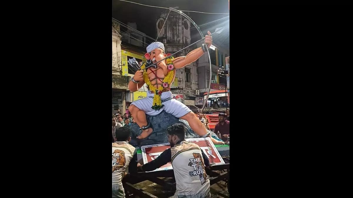 Birsa Munda depicted as Lord Ganesha at a pandal in Gujarat