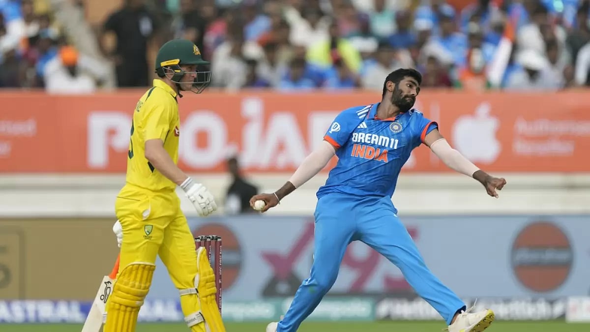 Jasprit Bumrah bowls as Marnus Labuschagne looks on during the third ODI in Rajkot on Wednesday.