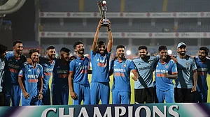 Indian team lifts the trophy after winning the ODI series 2-1 against Australia.