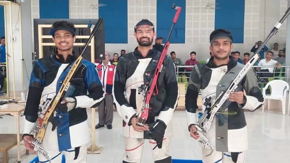 The trio of Aishwary Pratap Singh Tomar (far right), Swapnil Kusale (c) and Akhil Sheoran