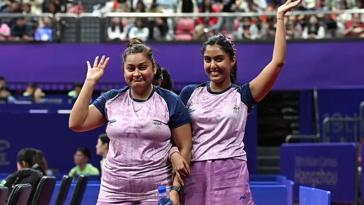 Indian womens doubles table tennis pairing of Sutirtha Mukherjee and Ayhika Mukherjee