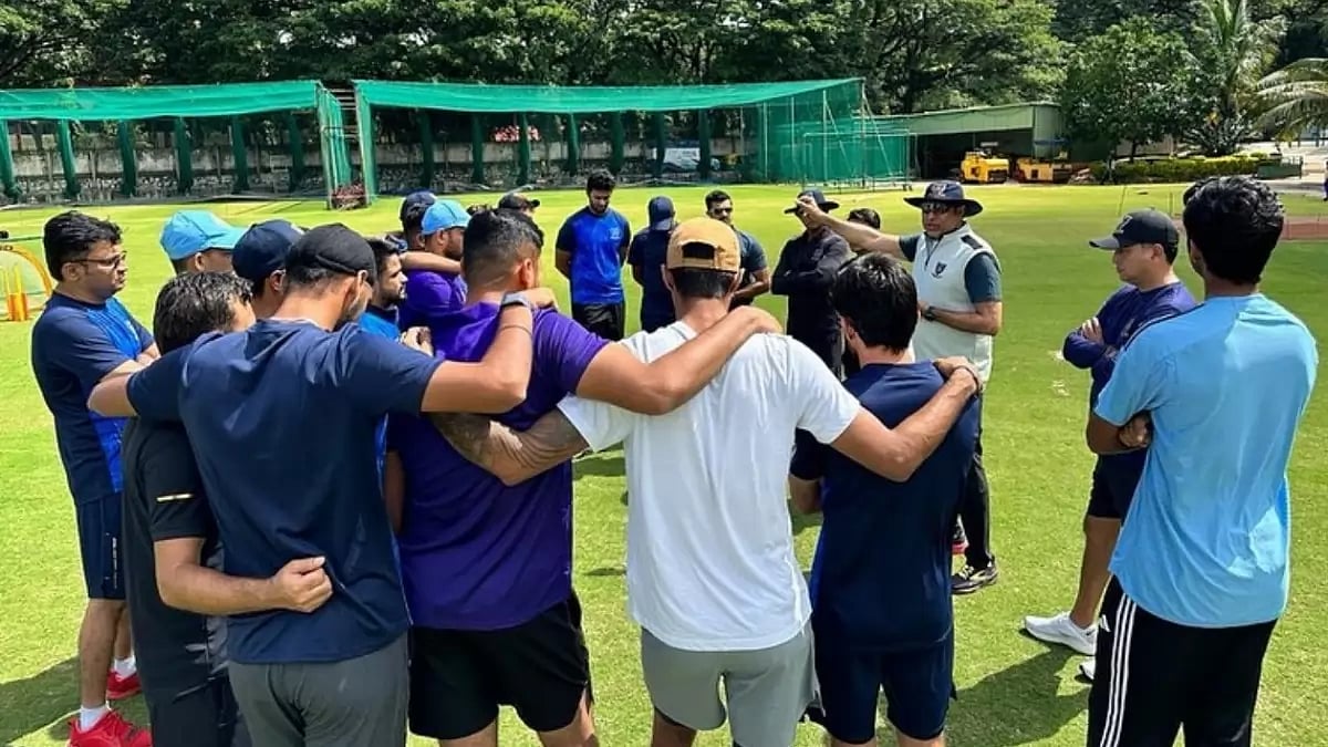 Indian Men's Cricket team with coach VVS Laxman ahead of their opener against Nepal on Tuesday